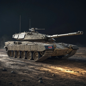 Digital 3D render of a Merkava Mk IV tank. Combat-ready military vehicle. Dark, empty landscape background.