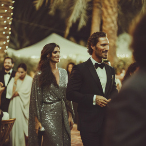 Matthew McConaughey and Camila Alves attending a vibrant charity gala. Matthew in a sleek black tuxedo, Camila in a sparkling silver gown.