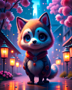 cute tanuki with city lights behind sakura
