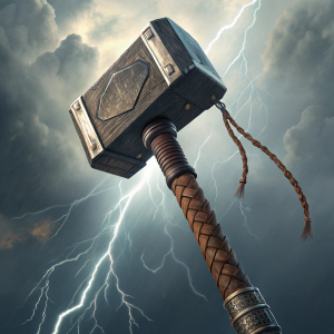 Digital artwork of Thor's Stormbreaker. Dark metallic body contrasts with rough wooden handle wrapped in braided leather. Stormy sky filled with lightning. Cinematic and dramatic effect.