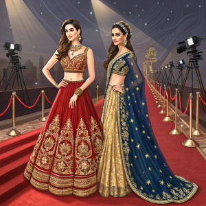 Kriti Sanon and Kiara Advani in stunning traditional attire. Posing elegantly at a Bollywood award ceremony.