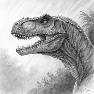 Realistic pencil drawing of T-Rex head, with sharp teeth and detailed skin textures. Background is soft, faded.
