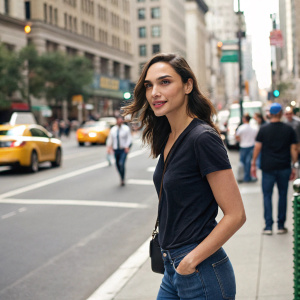 Gal Gadot in a candid scene, wearing casual attire. The background is a bustling city street with pedestrians and vehicles.