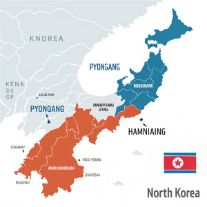 Interactive map highlighting Pyongyang and Hamhung in North Korea. Simplified flat design with color-coded regions.