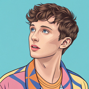 Cartoon illustration of Troye Sivan. Focused on upper body and face. Bright, solid background. Visually appealing graphic design