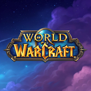 Digital artwork of the World of Warcraft logo. The logo is in a sleek, modern style with vibrant colors. It is set against a gradient sky background with swirling clouds.