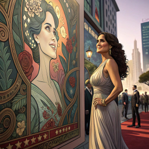 Salma Hayek at the unveiling of a new mural. The mural, inspired by Khalil Gibran, features intricate designs and a stylized female figure.