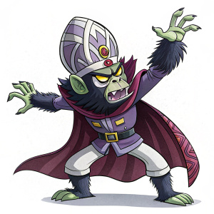 Mojo Jojo, the iconic villain from Powerpuff Girls, stands with arms spread wide. Dressed in ornate headdress and sharp claws. Bright, vivid colors, dynamic pose, digital artwork