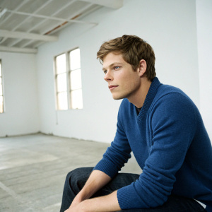 Hunter Parrish, actor, wearing a blue sweater. Sitting in a minimalist studio with plain white walls.