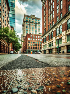 город, асфальт крупно, здания, пасмурно,фон, 