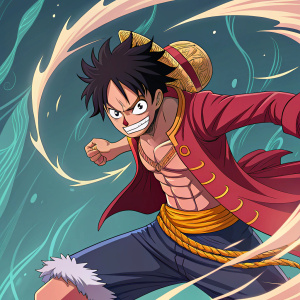 Monkey D. Luffy, hero of One Piece, in a fierce battle stance, eyes ablaze with determination. Illustration features vibrant colors, dynamic lines, and an abstract background filled with swirling energy.