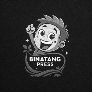 Creative logo design for Binatang Press. A cartoon-like face with a playful expression, rendered in grayscale tones, on a black background.