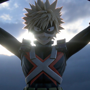 Katsuki Bakugo, standing in a heroic pose with a fierce expression, his hairstyle spiked, wearing a dark bodysuit with an X emblem. Vibrant green backdrop.