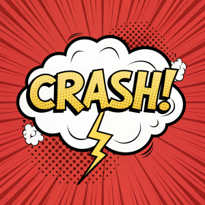 Illustration of a speech bubble with 'CRASH!' in bold comic book font. White text with lightning effect. Set against a vibrant red backdrop.
