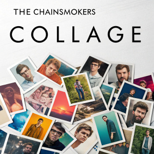 The Chainsmokers 'Collage' album cover, featuring a vibrant mosaic of Polaroid snapshots with diverse expressions and hues, set against a white backdrop. The title in bold font contrasts sharply with the warm, eclectic mix of images.