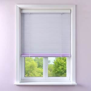 roller blinds in white plastic cassette with side rails, on a plastic window. front view