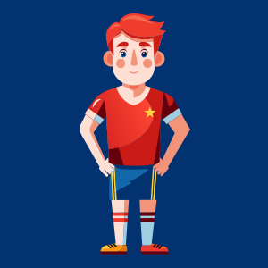 a full body prfessional 30 years old  full body soccer player standing and facing the camera wearing a solid yellow  t-shirt, full body, vector style, solid white background