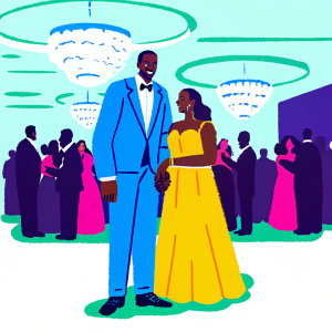 Amar'e Stoudemire and Alexis Welch at charity gala. Lavish ballroom with chandeliers, guests mingling