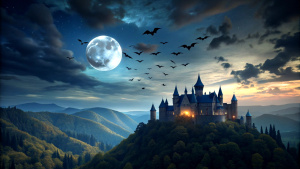 Dementors are flying outside Azkaban. There is an atmosphere of midnight, moonlight, darkness, and fear. 8K overhead drone shot, horizontal resolution.