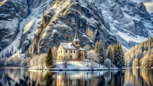 you see a cathedrale, which stands directly on the shore of a lake. behind the house is a wintry forest. high rock faces rise above the forest