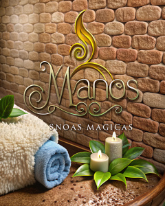  logo con símbolos de Spa y masajes con el nombre de MANOS MAGICAS en idioma castellano
