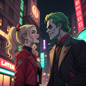 Illustration of Harley Quinn and The Joker. Harley Quinn, blonde pigtails, red shirt, determined look. The Joker, pale skin, green hair, black tuxedo. They stand on a neon-lit cityscape at night
