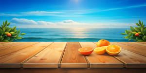 Wooden table top on blue sea, citrus fruits