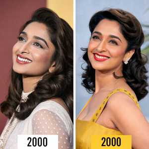 Photo collage of a Bollywood actress, showcasing her evolution from '2000' to 'NOW'. Both images capture her warm smile and confident pose. The backdrop contrasts, highlighting her journey.