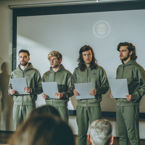Liam Payne, Louis Tomlinson, Niall Horan, Harry Styles, and Zayn Malik from One Direction at a press conference. They are wearing green Nike outfits, holding band-related documents in front of a One Direction logo backdrop.
