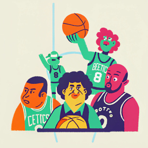 Digital artwork featuring the Boston Celtics 2018-2019 roster in cartoon style. The players, clad in green jerseys, are surrounded by the team's iconic mascot and logo.