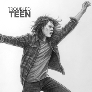 A dynamic charcoal drawing featuring a troubled teenager in a rebellious pose. Long, messy hair frames a resolute face. The figure's arms are stretched wide against a plain background. Sketchy lines and the caption 'TROUBLED TEEN' highlight the raw emotion and movement.