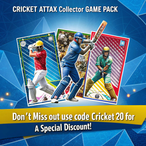 Exciting Cricket ATTAX Collector Game Pack advertisement featuring a dynamic group of cricketers in action poses against a vibrant blue backdrop with geometric patterns. The pack includes a variety of cards, featuring cricket stars and match action. Don't miss out - use code CRICKET20 for a special discount!