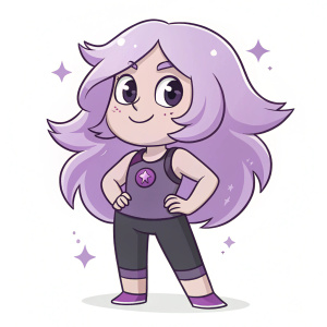 A detailed illustration of Amethyst from Steven Universe. Chibi style, posed with hands on hips, smiling confidently. White background