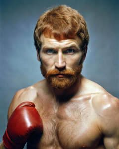 Boxeador Nikolai Petrovich Lebedev. Pelo Corto. Alto. Bronceado. Barba. Pelirrojo. Fuerte. Retrato. Fotografía Análoga a Color. Año 1985. 