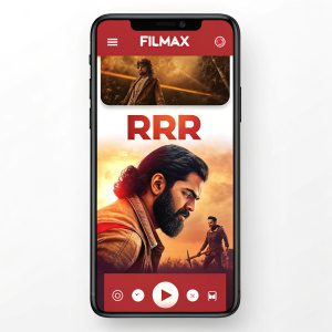 Modern app interface showcasing 'RRR' movie on Filmax. Bold, colorful design.