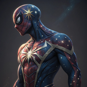 3D model of cosmic themed Spider-Man. The character has a muscular build and a unique star pattern on the skin. Dark uniform background, focus on character's design.