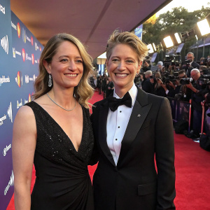 Sophie Ward and Rena Brannan at the GLAAD Media Awards, smiling in formal wear against a bustling backdrop of paparazzi and red carpet.
