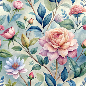 Seamless pattern background featuring a collection of vintage botanical illustrations with flowers and leaves in muted colors