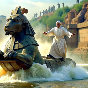 the pope riding a sphinx across the river Styx jumps into the third world war