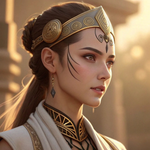 Eruga, a character from Hicory Hmned Devi, illustrated in anime style with Live2D Model. She features intricate facial designs and a unique headpiece. Set against a warm, golden backdrop, the illustration highlights various poses and angles.
