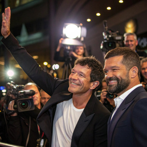 Antonio Banderas and Ricky Martin at a press conference. Bright lights, photographers, and microphones in the background.