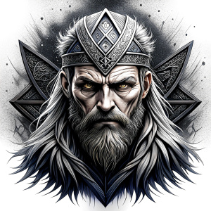 walhalla, viking warrior,  runics face, black work, white backrounds