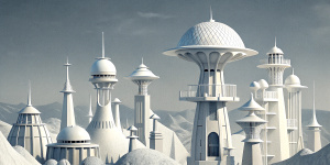 White illustration,  Wes Anderson style, 
 structural aesthetics, collage of many complex metal architectures with lighthouse, the bigest ocean and huge sky, white, gain paper
