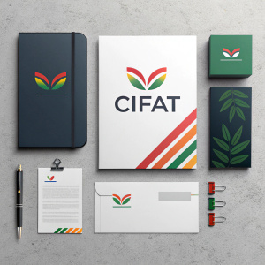 CIFAT's innovative branding design features a sleek logo with vibrant accents on a neutral backdrop. Modern marketing materials showcase the central emblem across various applications, emphasizing design elements.