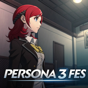 Mitsuru, with vibrant red hair, stands in a dimly lit room from Persona 3 Fes. A dialogue bubble floats beside her. The background features a muted color palette typical of the game's anime-inspired art style. Below, a banner advertises the Persona 3 Fes streaming event.