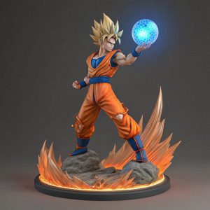 A detailed 3D model of Goku. Standing in a powerful pose with blue energy ball in hand. Surrounded by fiery effects and resting on a unique base.