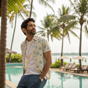 Vikrant Massey, Indian actor, poses casually. Tropical resort setting. Palm trees, swimming pool visible. Natural daylight
