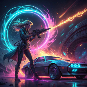 A valkyrie-like heroine, wielding a plasma rifle, amidst swirling neon vortexes, near a sleek hovercar. Setting evocative of 80s sci-fi film posters, pulsating with neon hues and explosive action energy.