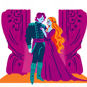 Illustration of a couple from Granblue Fantasy. Male in dark attire with purple detailing and gold accents. Female with long blonde hair. Set against an opulent background filled with rich colors and textures, conveying a sense of drama and romance.