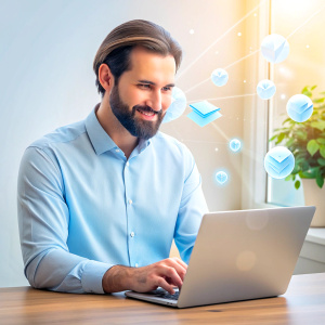 A male copywriter writes text for telegrams and Instagram on his laptop. Use the logos of social networks telegram and instagram. A vivid illustration.